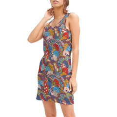 Opula V-Neck Mini Dress - Psychedelic Floral Paisley Print Flower Power Tank Style Ribbed  Knit Lightweight Vibrant Bold Retro Funky