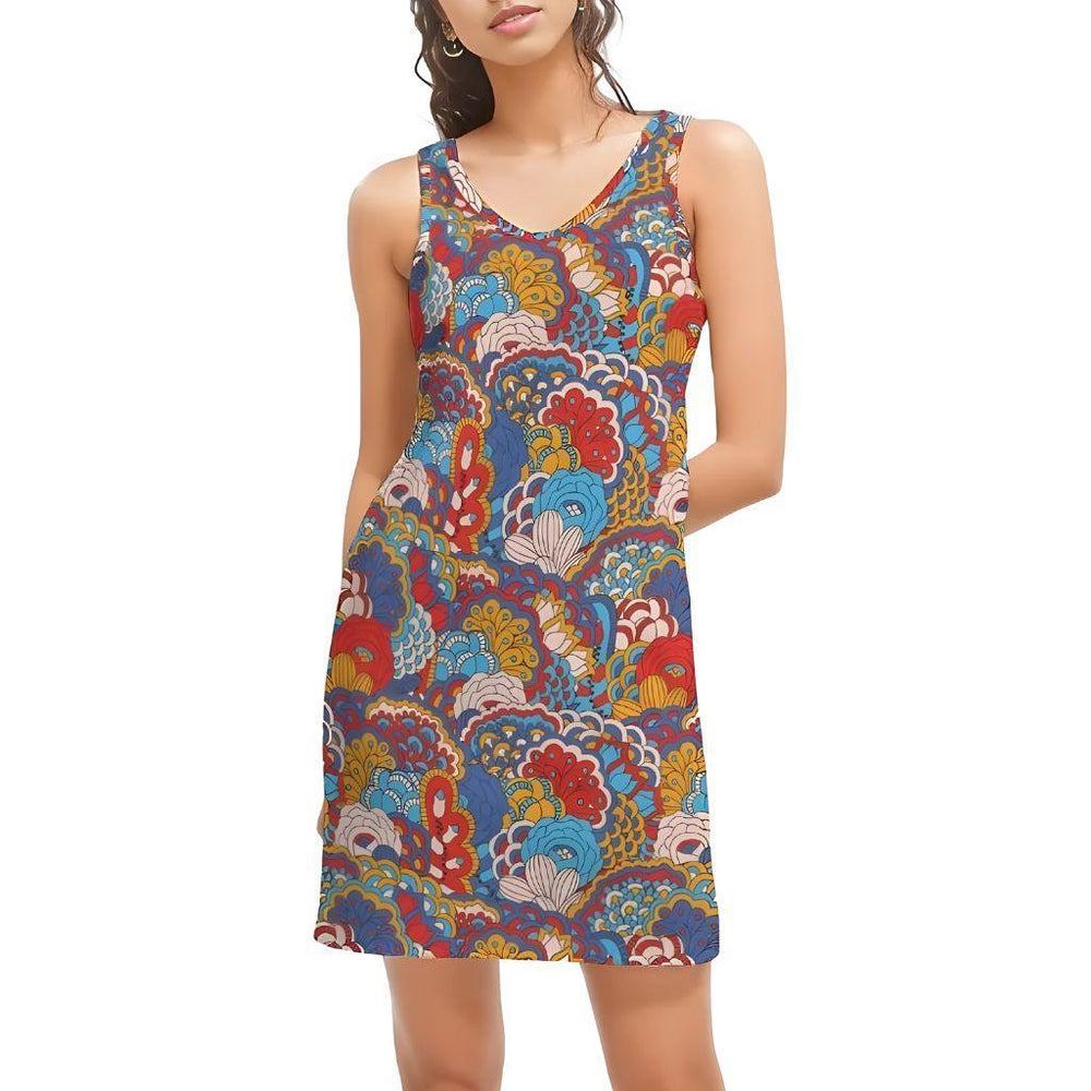 Opula V-Neck Mini Dress - Psychedelic Floral Paisley Print Flower Power Tank Style Ribbed  Knit Lightweight Vibrant Bold Retro Funky