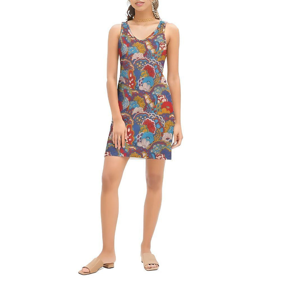 Opula V-Neck Mini Dress - Psychedelic Floral Paisley Print Flower Power Tank Style Ribbed  Knit Lightweight Vibrant Bold Retro Funky