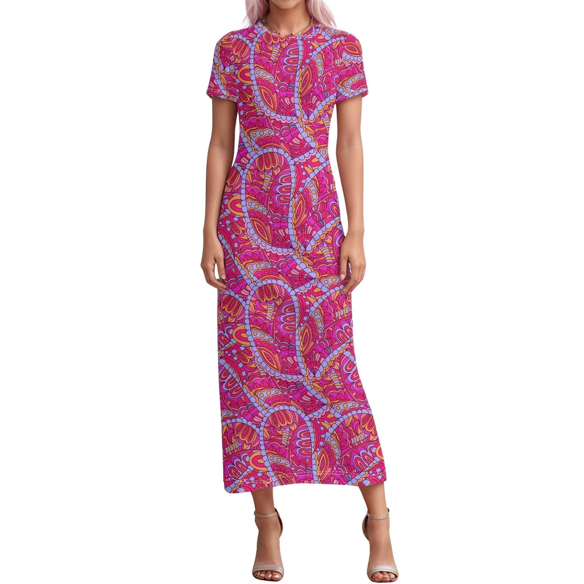 Vibrant Palei print long dress in fuchsia, orange, and lavender,  in an abstract Retro chic print, featuring a flattering t-shirt neckline and comfortable maxi length. Blissfully Brand