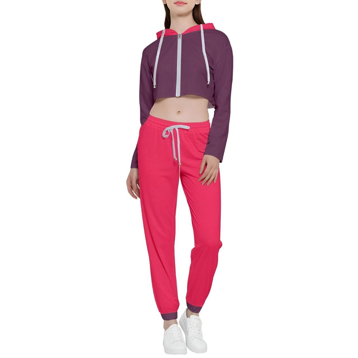 Trendy women's 2-piece lounge set featuring a deep red cropped zip-up hoodie with vibrant red lining and bright red jogger pants. Comfortable athleisure outfit with contrasting colors, drawstring waist, and cuffed ankles. Stylish activewear for casual wear