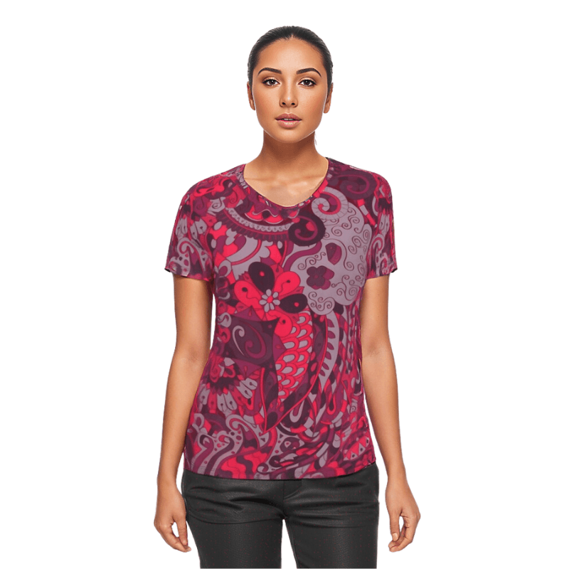 Pena V-neck Women's Short Sleeve Tee - Red & Violet Wild Paisley Print Regular Fit Slim Retro Floral Psychedelic Vibrant Bold Funky Swirls Geometric Abstract Handmade Cotton Spandex