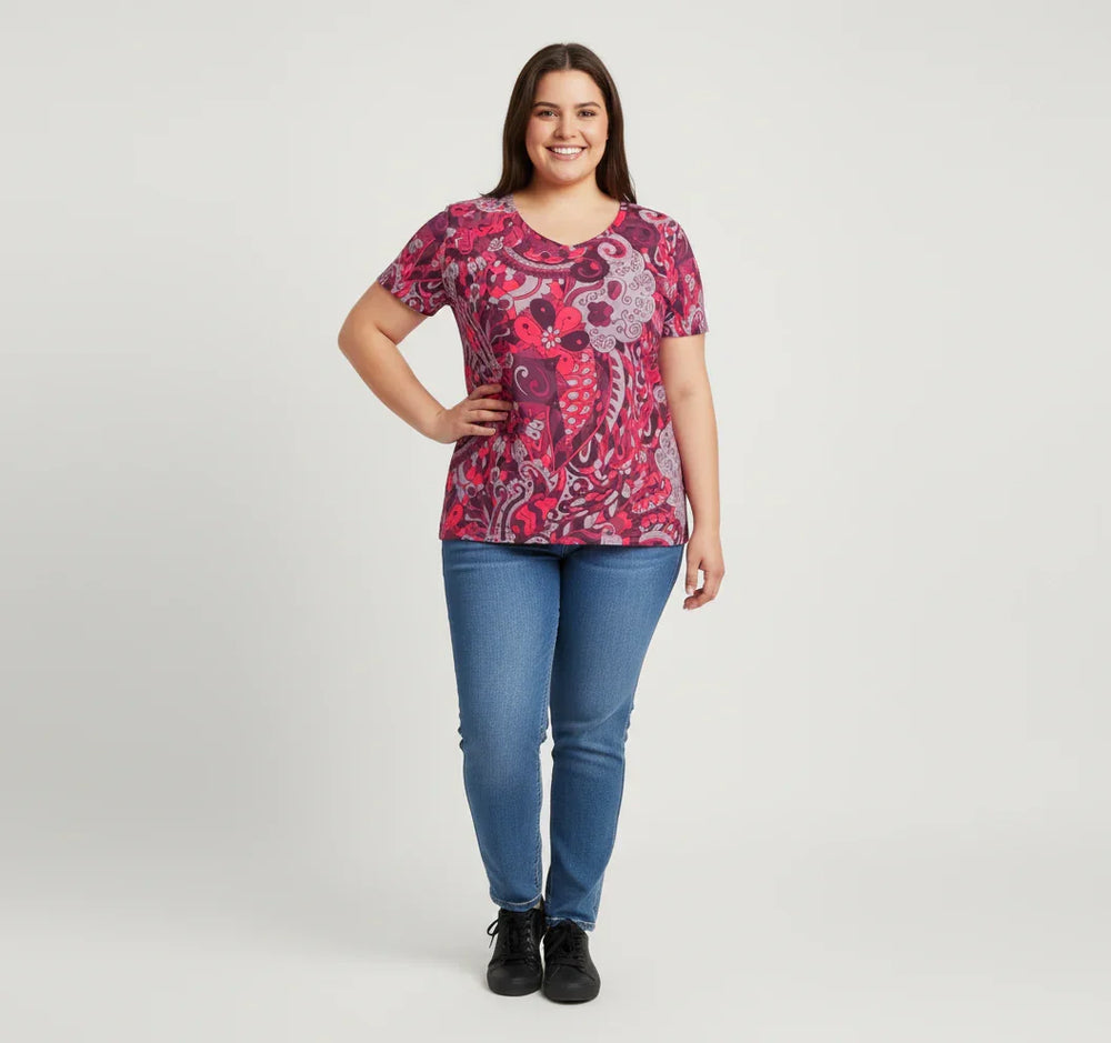 Pena Tee – Women’s Plus Size V‑Neck Psychedelic Paisley Print, Burgundy/Fuchsia - Retro Floral - Blissfully Brand