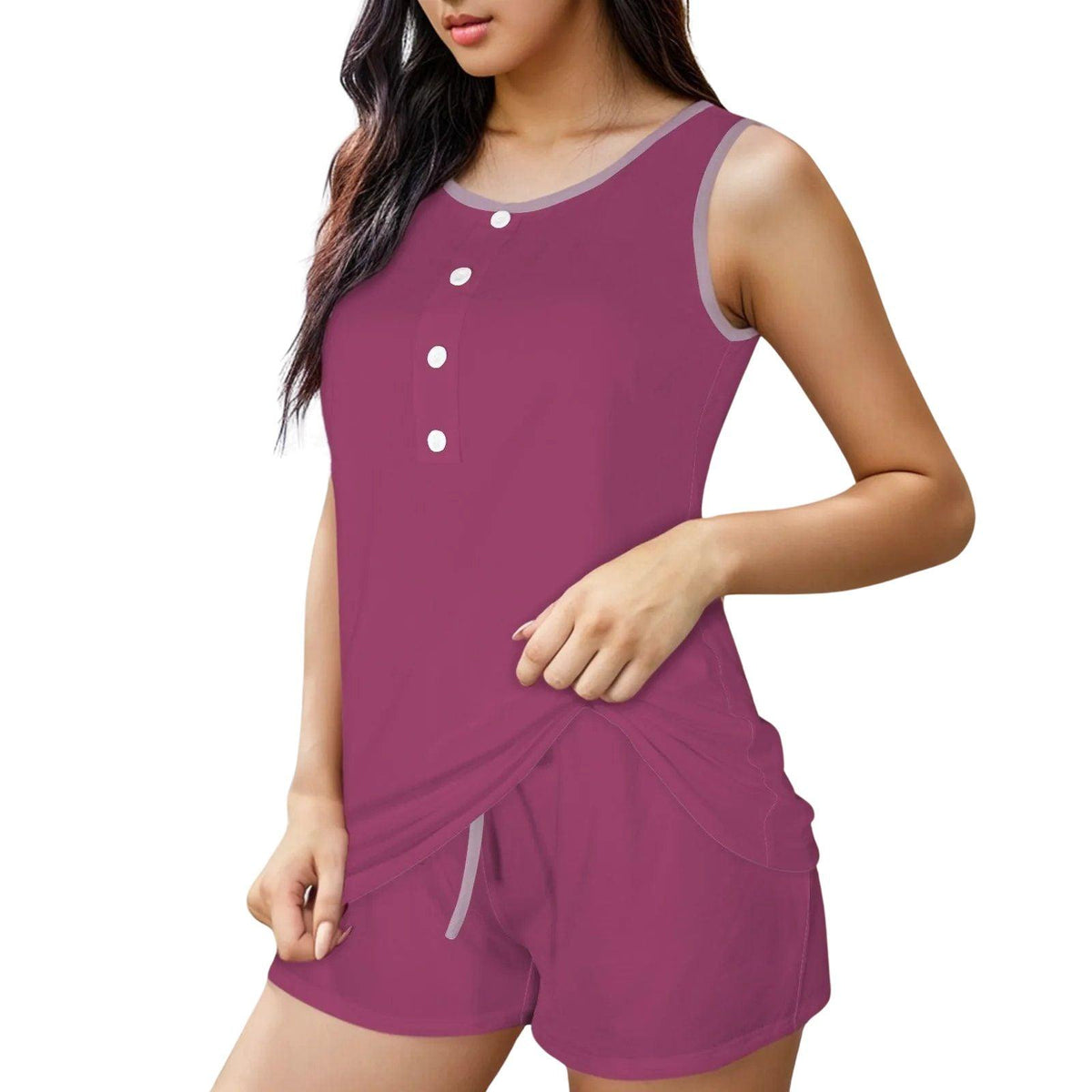 Women's sleeveless 2-piece loungewear set in deep camelot red. Features tank top with white buttons and contrasting trim, paired with matching drawstring shorts. Comfortable summer pajamas or casual wear. Stylish sleepwear for women, perfect for relaxing at home