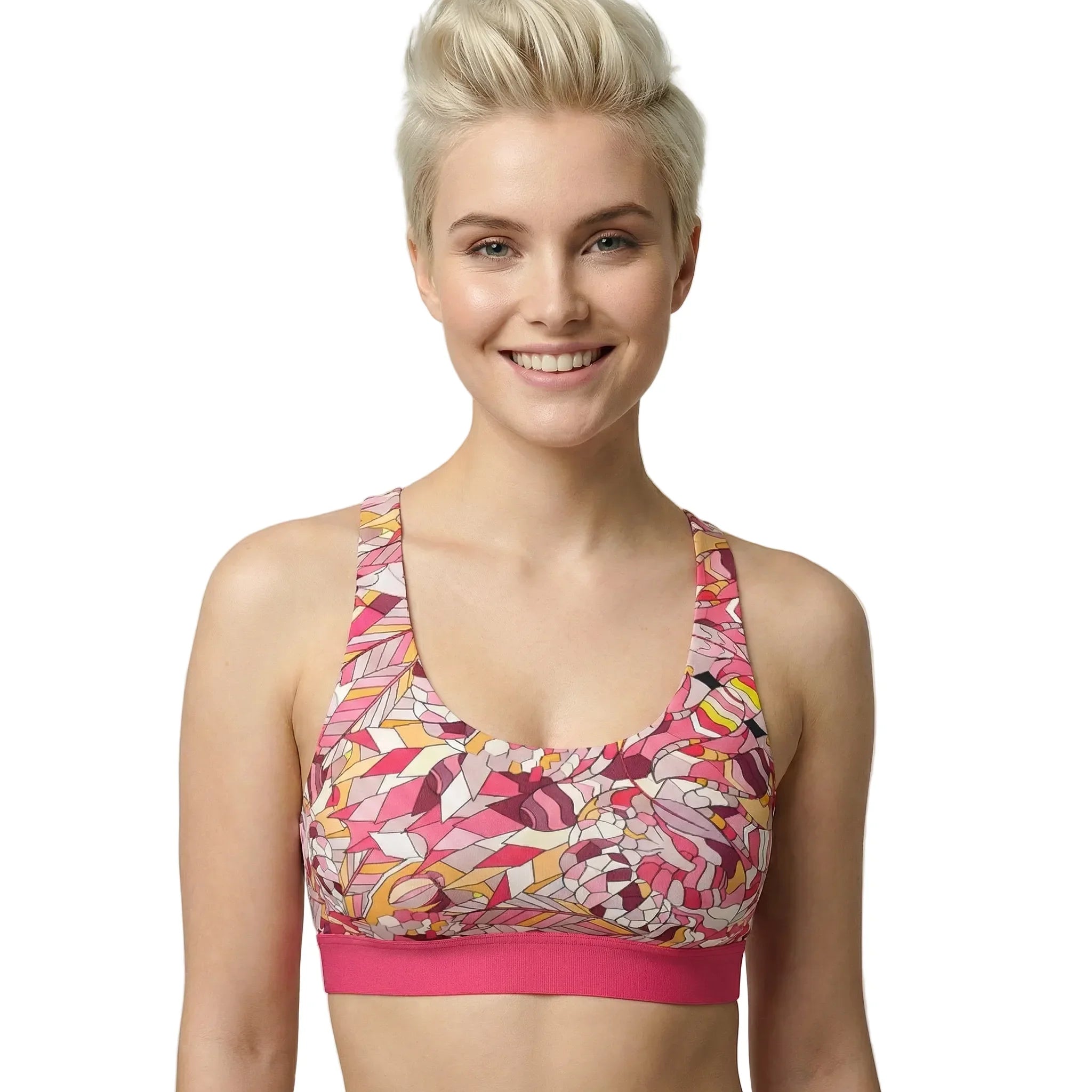 Blissfully Brand Perl Print Scoop Bralette in geometric mosaic pink, magenta, amber, and crimson — 4-way stretch peachskin knit with deep scoop back, handmade to order in Montreal
