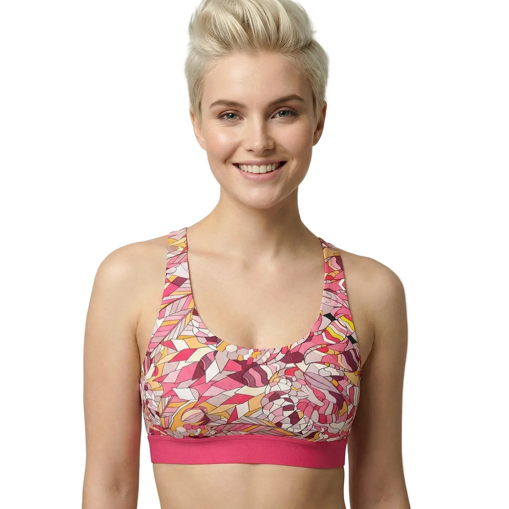 Blissfully Brand Perl Print Scoop Bralette in geometric mosaic pink, magenta, amber, and crimson — 4-way stretch peachskin knit with deep scoop back, handmade to order in Montreal