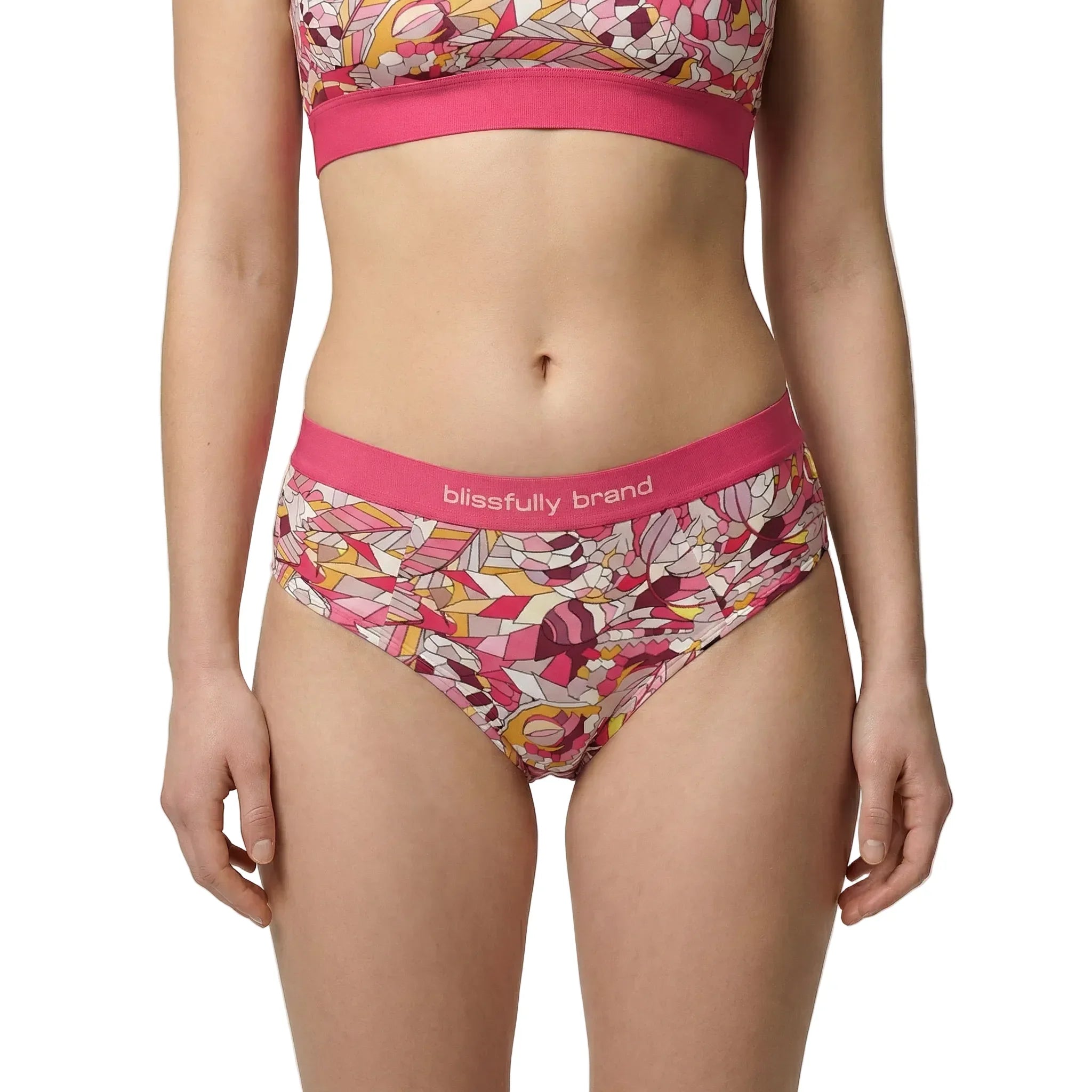 Blissfully Brand Perl Print Cheeky Brief in bold geometric mosaic of hot pink, magenta, amber, and cream — paired with matching Perl Scoop Bralette, bamboo-lined for all-day comfort, cut and sewn in Montreal