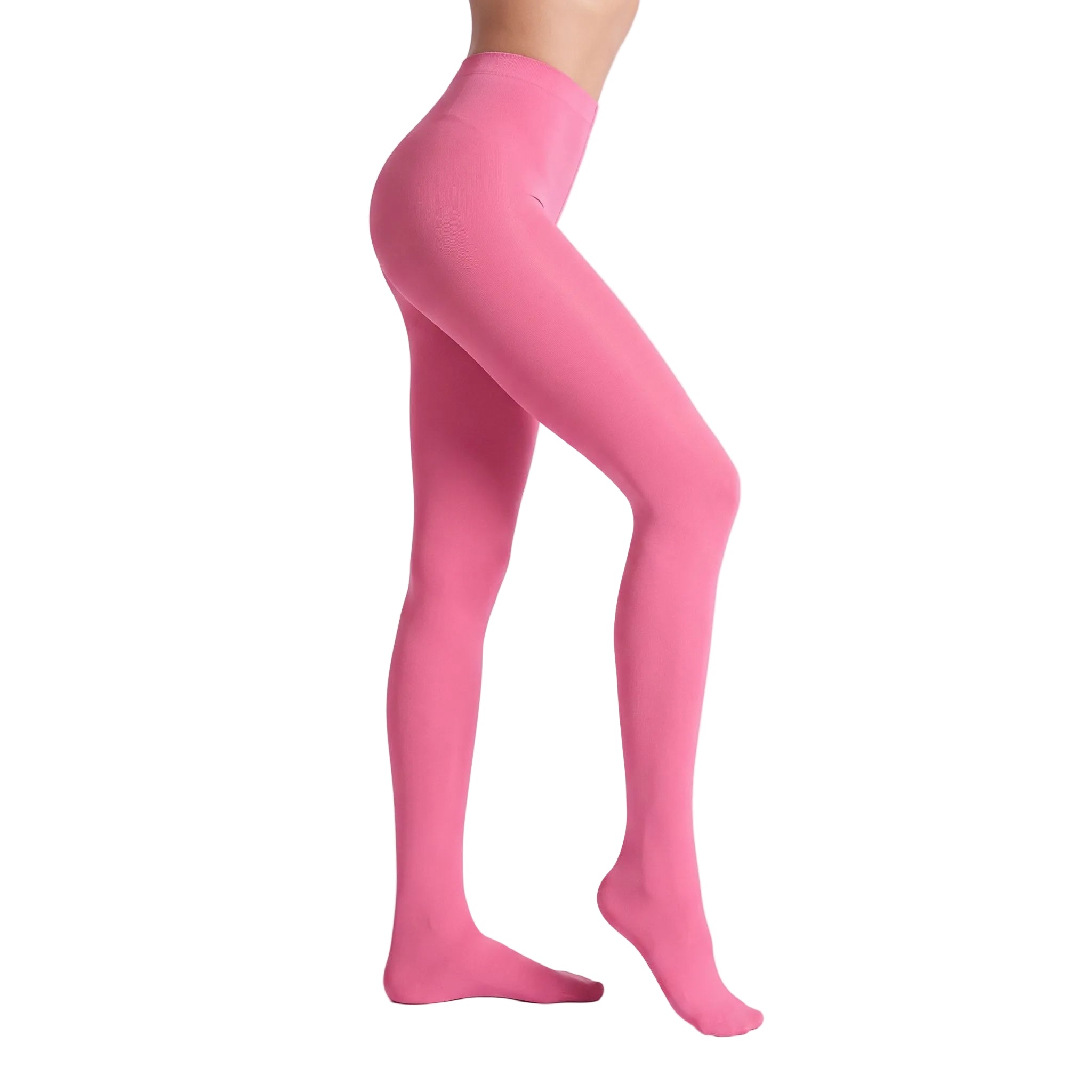 Woman wearing bold Froly Pink opaque tights