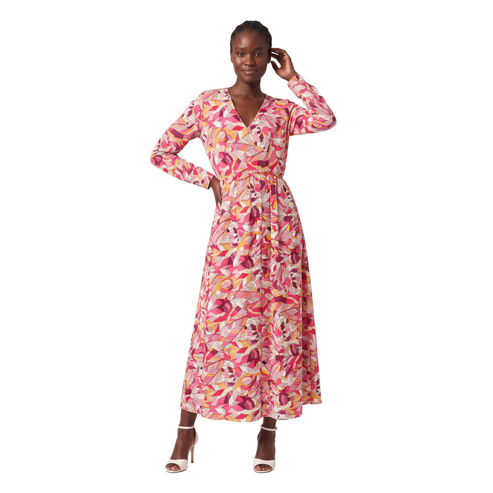 Woman wearing Perl print long sleeve V-neck maxi dress with magenta and burgundy stained-glass leaf pattern - Blissfully Brand