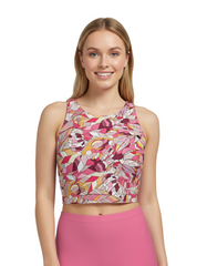 Perl print athletic crop top made from Luxeform Performance Knit fabric, paired with matching pink pants - Geometric Florals - Blissfully Brand