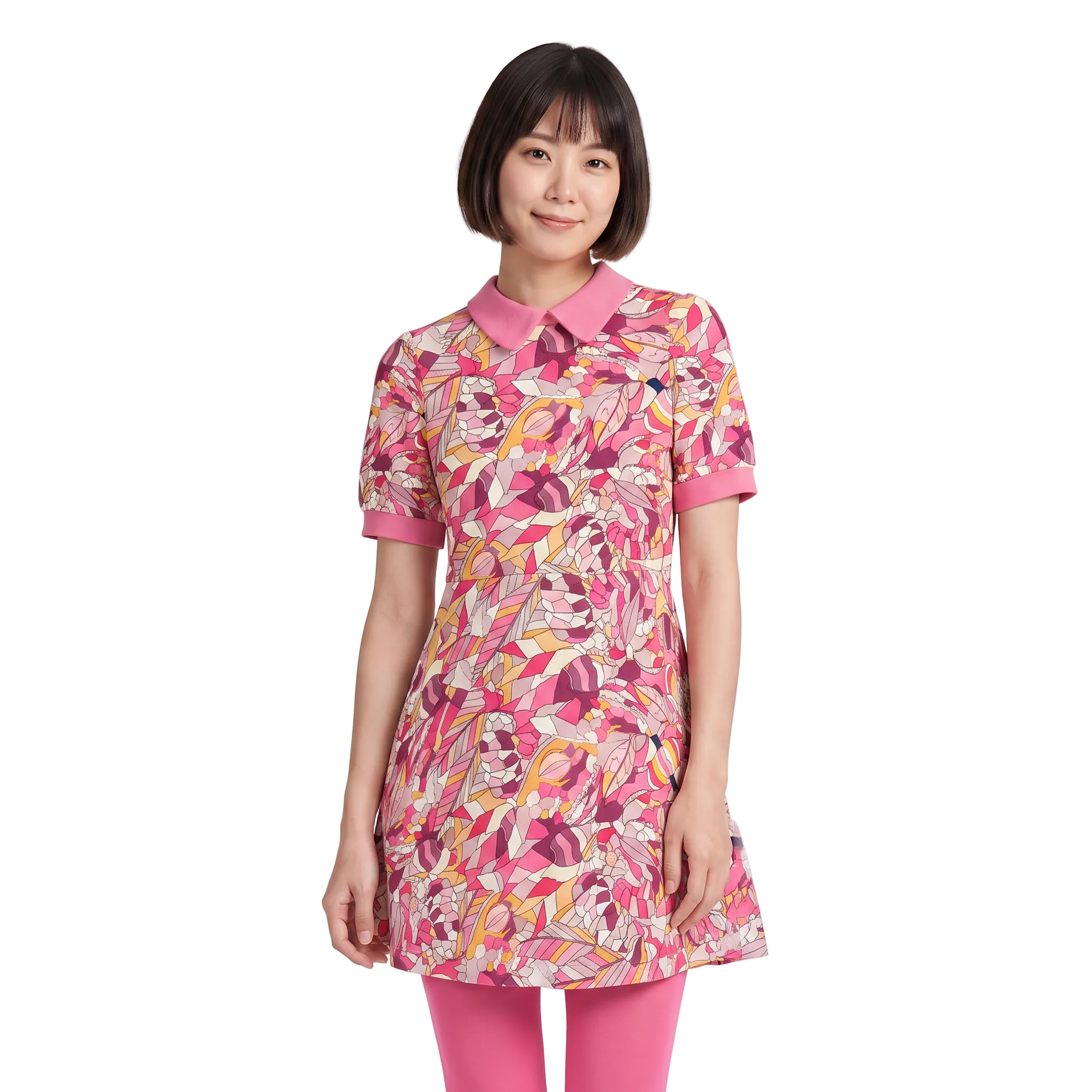 Woman wearing pink Perl print Peter Pan collar mini dress with Froly Pink collar, cuffs, tights, in a retro vintage cute look.