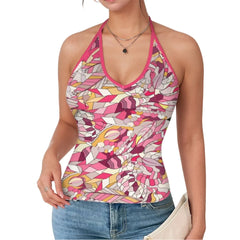 Perl print halter cami top with pink and yellow abstract geometric retro pattern, summer tank top - Blissfully Brand