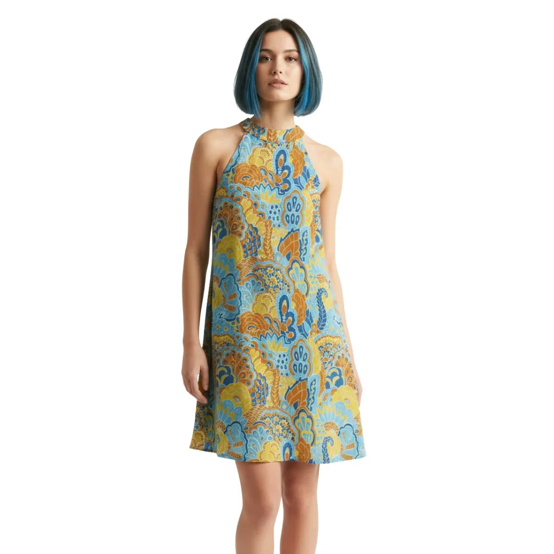 Pinsa Halter Flare Dress - Psychedelic Paisley Floral Retro Funky Bold Blue Orange Yellow Kaleidoscope Swirls Flower Power Chiffon Cocktail