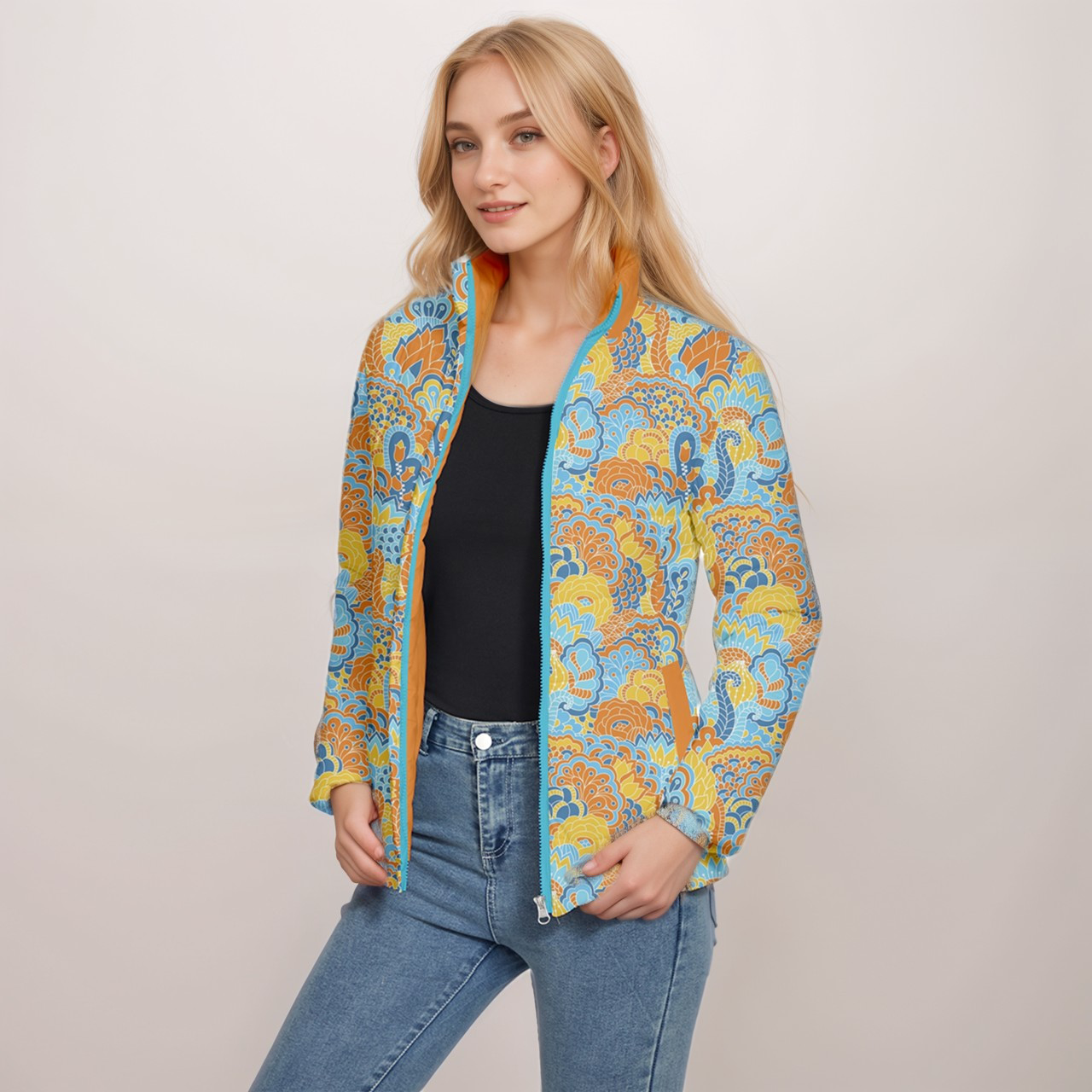 Vibrant Floral Paisley Women's Puffer Jacket - Blue, Yellow & Orange Pattern Retro Flower Power Blissfully Brand