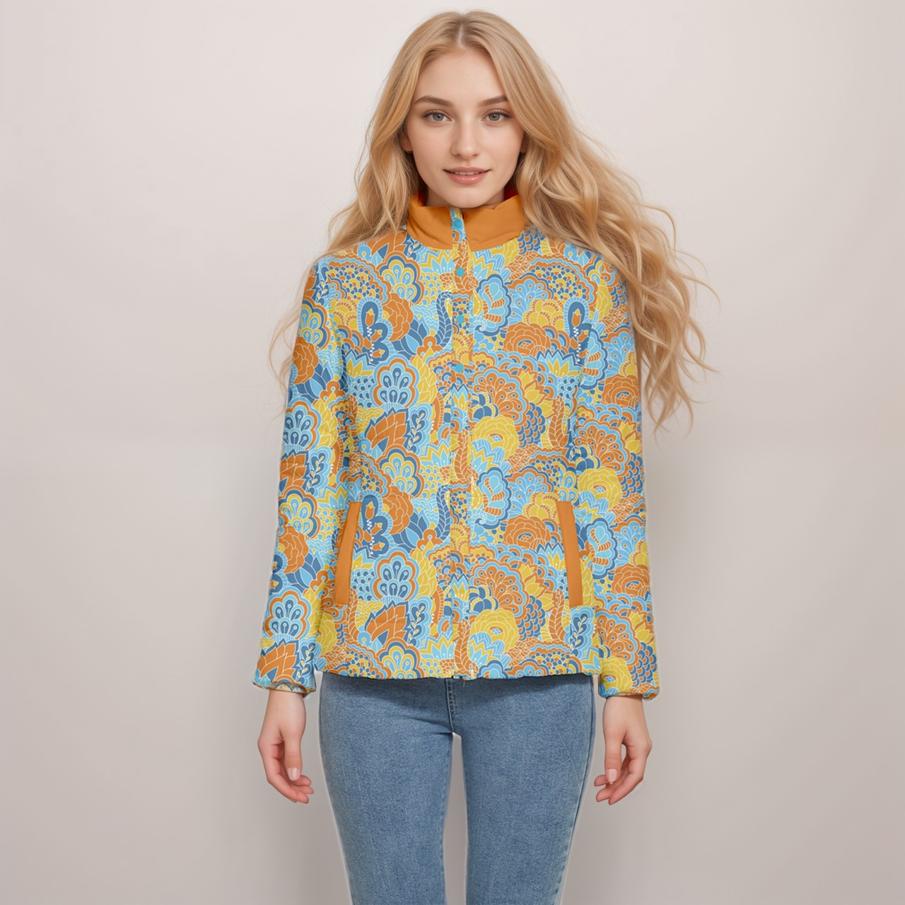 Bold Vibrant Floral Paisley Women's Puffer Jacket - Blue, Yellow & Orange Pattern Blissfully Brand Psychedelic Flower Power