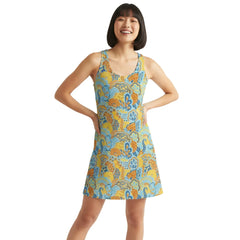 Pinsa Racerback Mini Dress - Blue Paisley Floral Print Blue Orange Yellow Retro Psychedelic Kaleidoscope Floral Flower Power Vibrant Bold