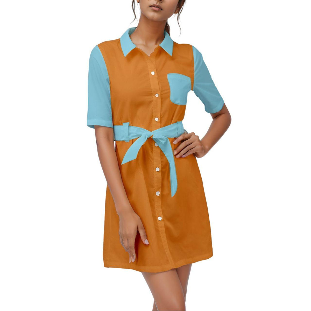 Stylish Retro Color Block orange and aqua blue color-block shirt dress with button-front, elbow-length sleeves, and waist tie