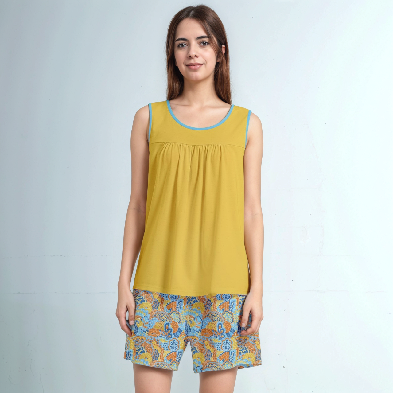 Two-Piece Mustard Yellow Lounge Set with Retro Paisley Print Shorts - Sleeveless Summer Comfort Wear - Blissfully Brand