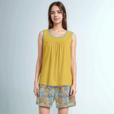 Two-Piece Mustard Yellow Lounge Set with Retro Paisley Print Shorts - Sleeveless Summer Comfort Wear - Blissfully Brand