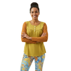 Pinsa Yellow Orange Babydoll Long Sleeve Crew Neck Top - Color Block Relaxed Bold Solid Vibrant Blouse 