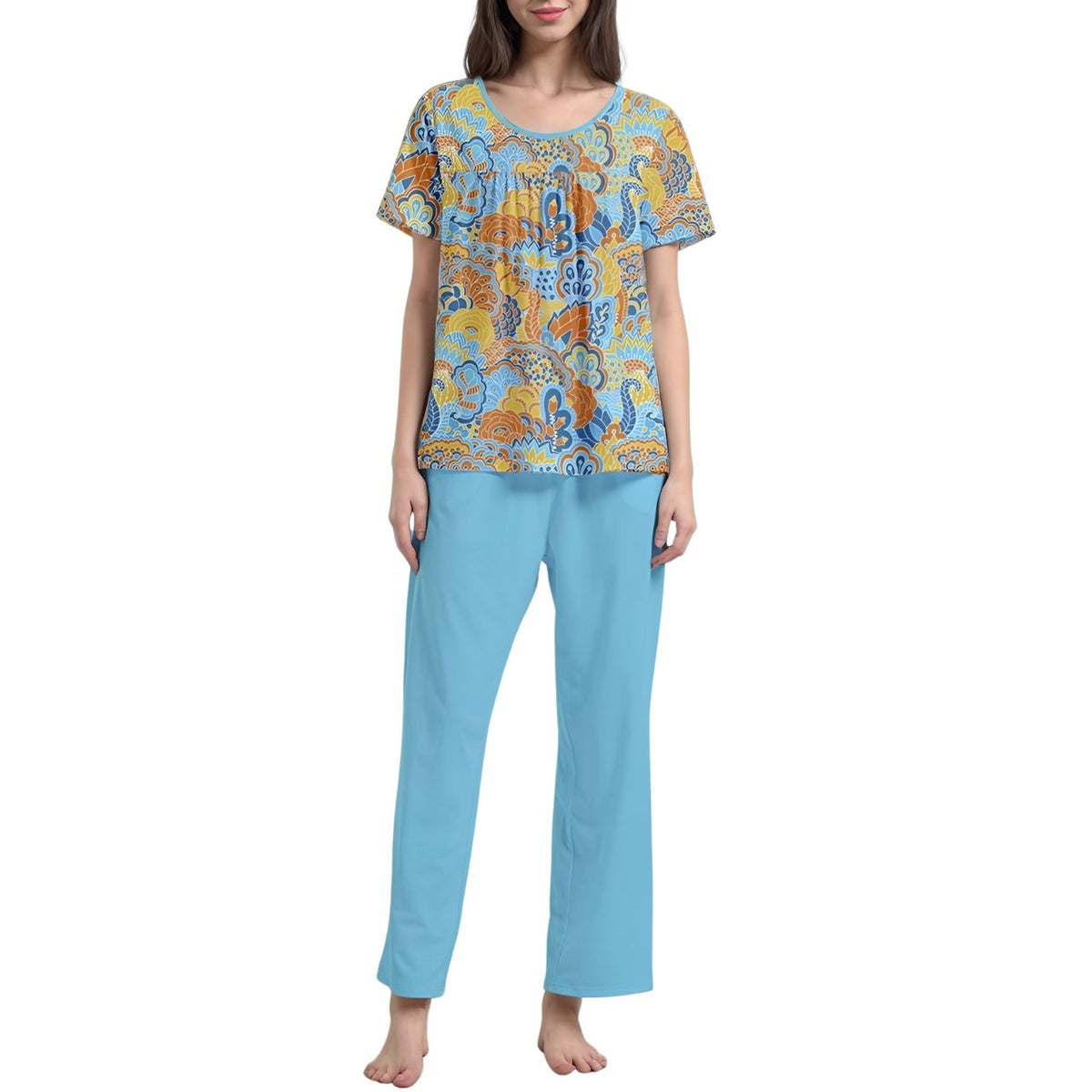 Women's Turquoise Retro Paisley Floral  Print Lounge Set - Short Sleeve Top with Matching Pants - Comfortable Two-Piece Pajama Set - Blissfully Brand