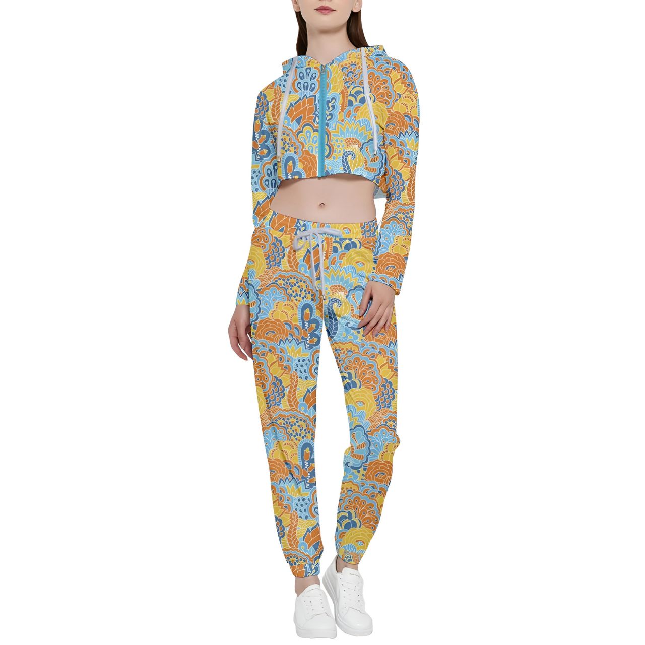 Colorful paisley print two-piece loungewear set with cropped hoodie and joggers in yellow, orange and blue Floral Paisley Retro Pinsa pattern - Blissfully Brand