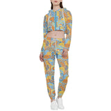 Colorful paisley print two-piece loungewear set with cropped hoodie and joggers in yellow, orange and blue Floral Paisley Retro Pinsa pattern - Blissfully Brand