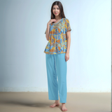 Women's Turquoise Retro Psychedelic Paisley Floral  Print Lounge Set - Short Sleeve Top with Matching Solid Blue Pants - Comfortable Two-Piece Pajama Set - Blissfully Brand