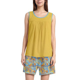 Vibrant two-piece Pinsa print and color lounge set with mustard yellow sleeveless top and retro  floral shorts - Blissfully Brand