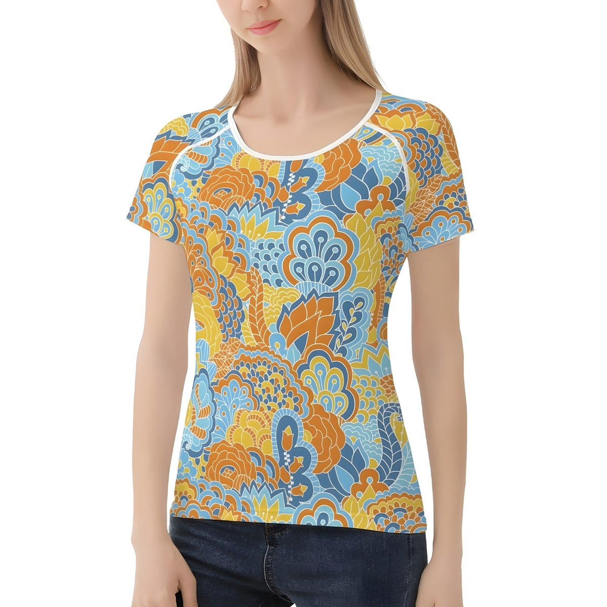Pinsa Women's Crewneck Stretchy Tee - Paisley Psychedelic Floral Blue Orange & Yellow - Short Sleeve - Retro Flower Power Funky Bold Vibrant
