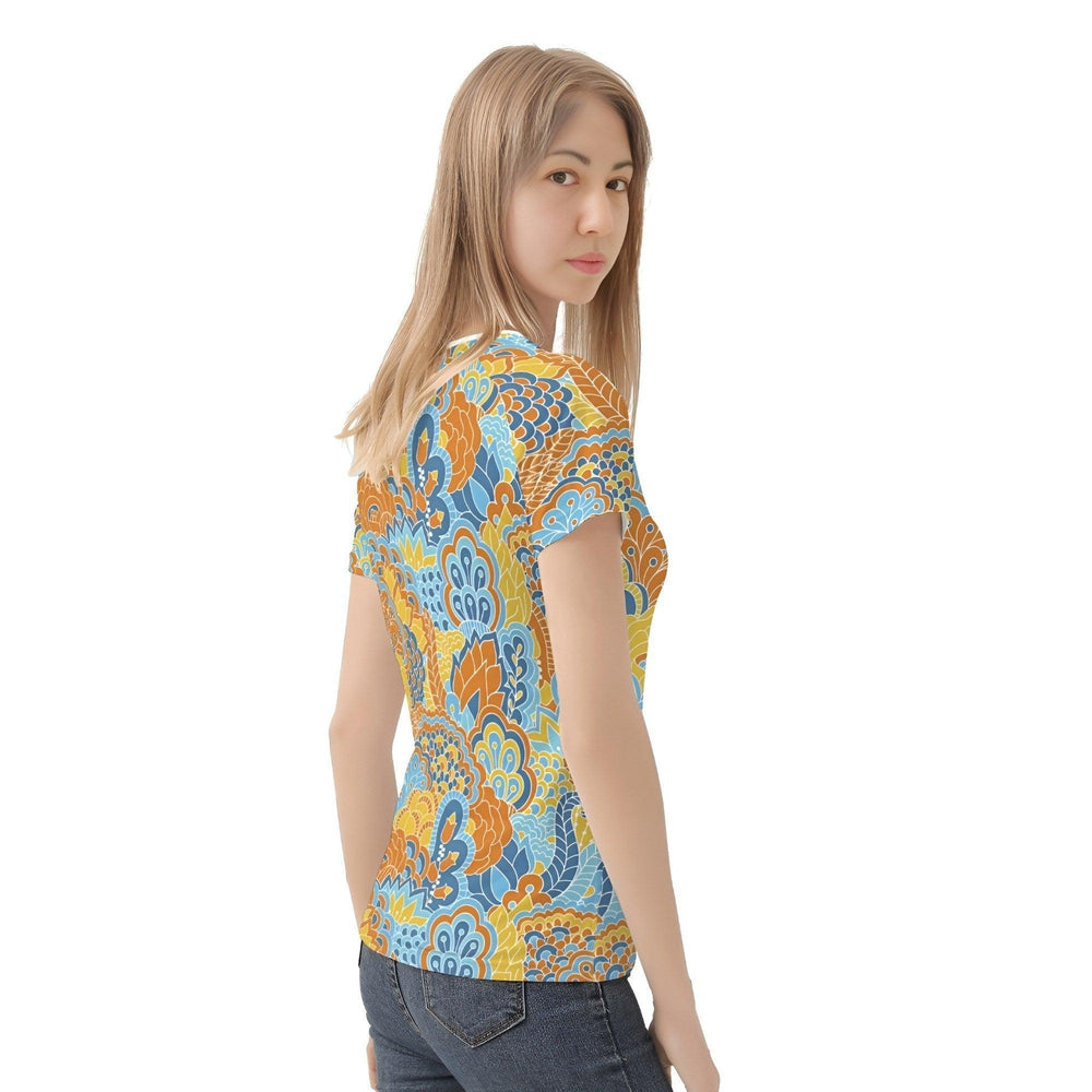 Pinsa Women's Crewneck Stretchy Tee - Paisley Psychedelic Floral Blue Orange & Yellow - Short Sleeve - Retro Flower Power Funky Bold Vibrant