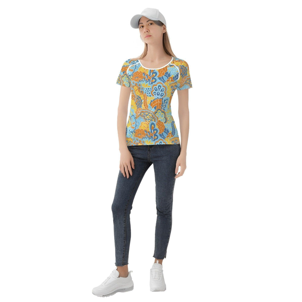 Pinsa Women's Crewneck Stretchy Tee - Paisley Psychedelic Floral Blue Orange & Yellow - Short Sleeve - Retro Flower Power Funky Bold Vibrant
