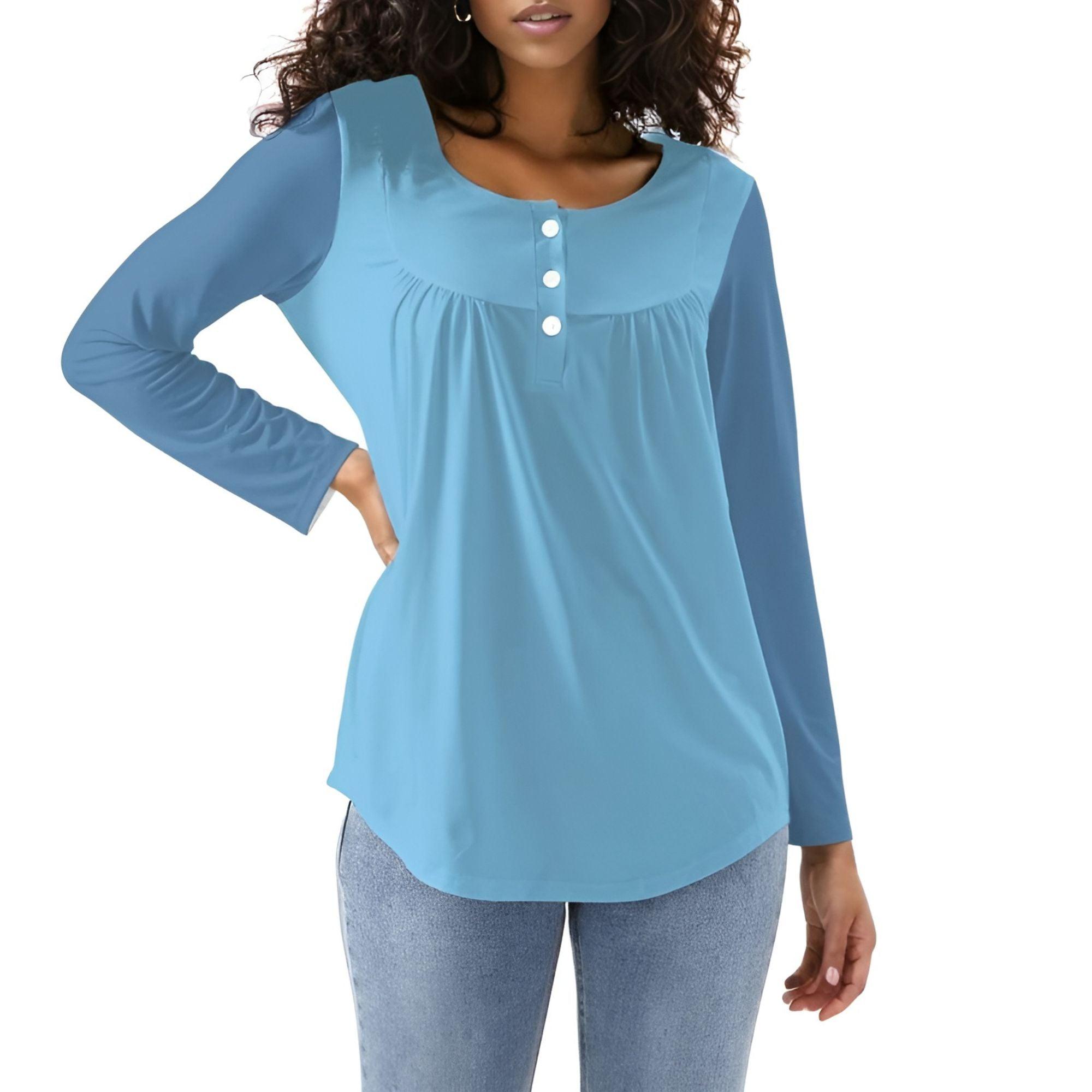 Pinsa Light & Mid Blue Babydoll Long Sleeve Crew Neck Top - Color Block Contrast