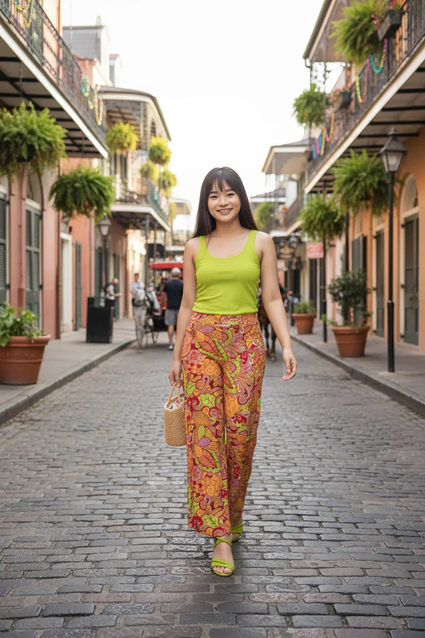 Vibrant Popsica print palazzo pants - Retro 70's inspired floral paisley print in wide leg flowy silhouette - Bold statement - Profonde by Blissfully Brand