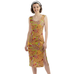 Popsica Split Leg Fitted Bodycon Midi Dress - Abstract Pink Orange Paisley  All Over Print - Psychedelic - Retro - Swirls - Handmade in England - Blissfully Brand - Bold & Vibrant- Side Slit - Body Contour - Plus Size