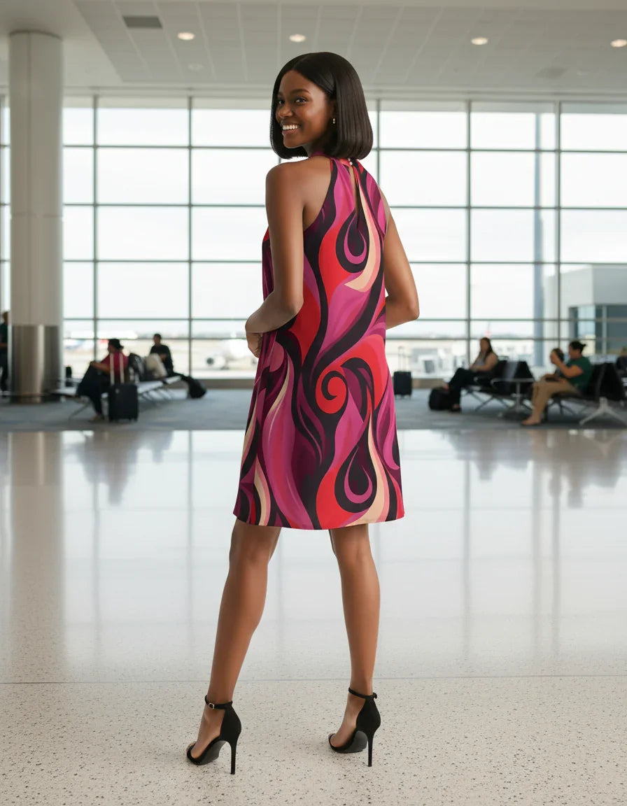 Prague Halter Flare Dress | Retro Chic Summer Style | Blissfully Brand - Prague Airline Series Print 2XL Prague Halter Flare Dress | Retro Chic Summer Style | Blissfully Brand - Prague Airline Series Print 2XL