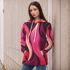 Prague  retro chic vibrant crimson, plum, and red abstract print hoodie. The Airline Series pullover hoodie features a comfortable relaxed fit and kangaroo pocket.  Fire Swirl Print - Blissfully Brand