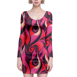 Prague Bodycon dress with vibrant red and pink flame-like swirl pattern abstract retro - Scoop neck long sleeve - Blissfully Brand