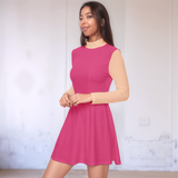 Retro-inspired fuchsia and beige color block velour dress with mock turtleneck and A-line silhouette Airline Series by Blissfully Brand