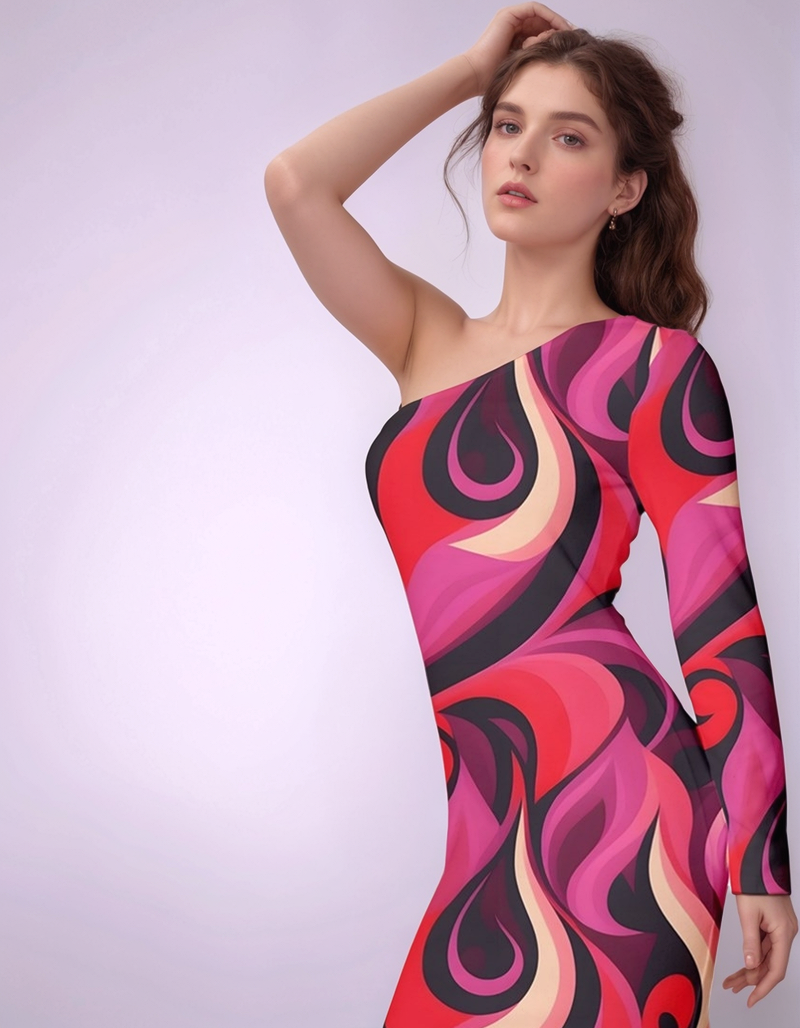 Prague Vibrant one-shoulder Airline Series Bodycon Dress with red and pink swirling design - Retro Chic - Blissfully Brand