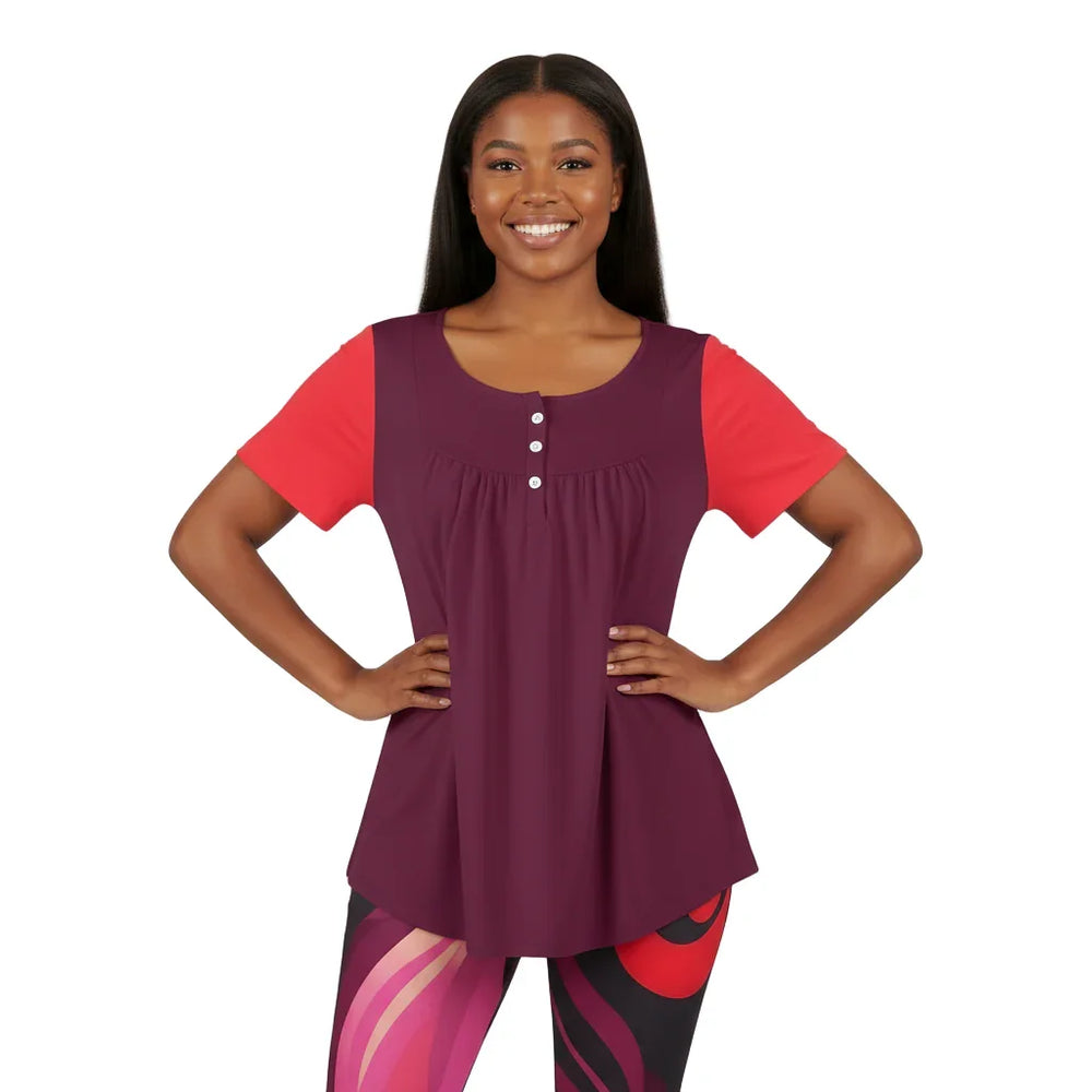 Prague Two-Tone Scoop Neck Tunic Top Bold & Soft Dark Red - Color Block - Blissfully Brand