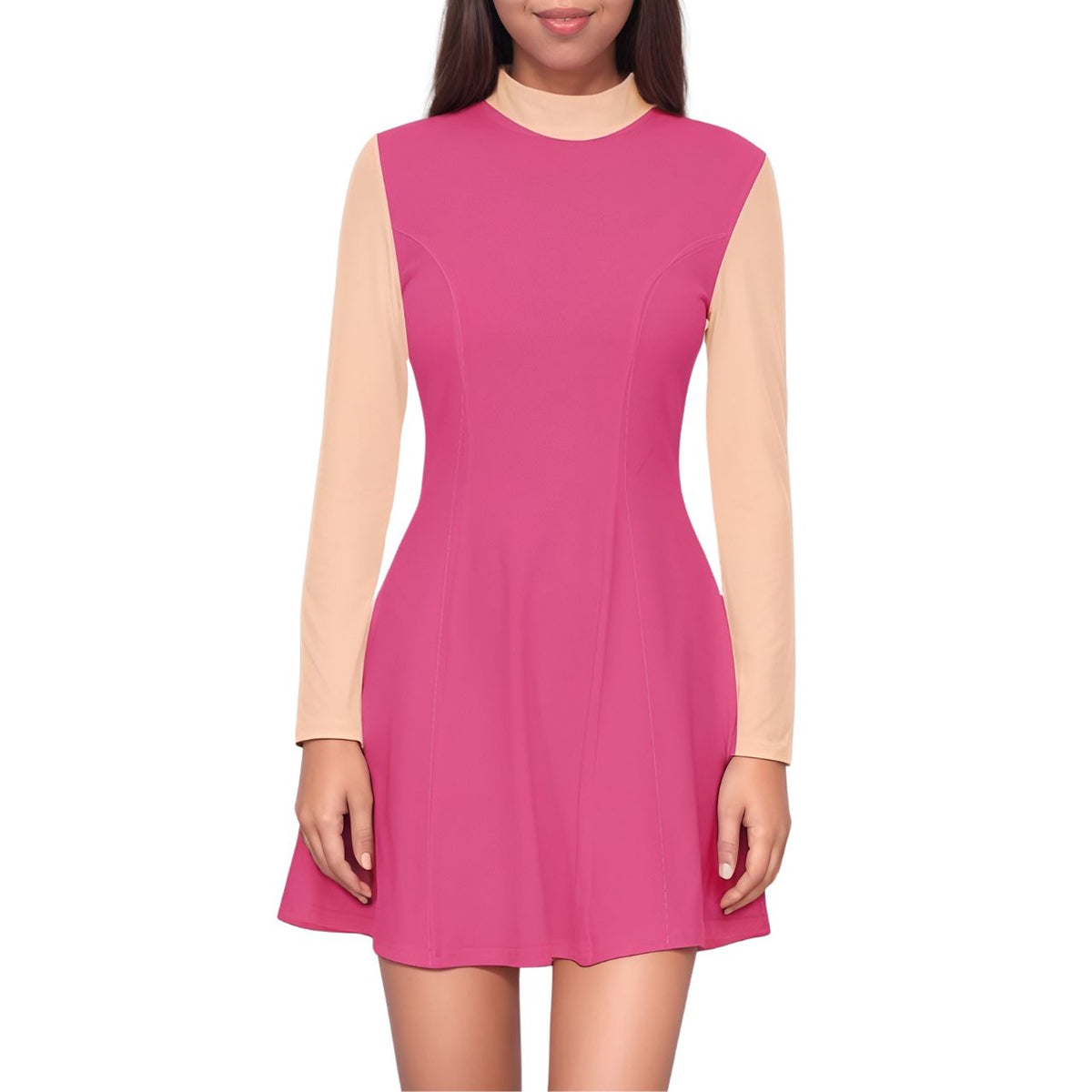 Stylish pink and beige velour airline dress, A-line silhouette, mock neck, long sleeves Retro Chic by Blissfully Brand