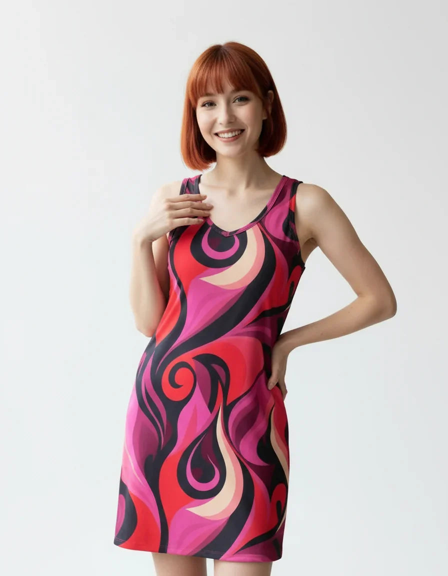 Vibrant pink and red Airline Series print mini dress with swirling abstract reto pattern, sleeveless design, and form-fitting style 70's inspired pattern - Blissfully Brand Black Label