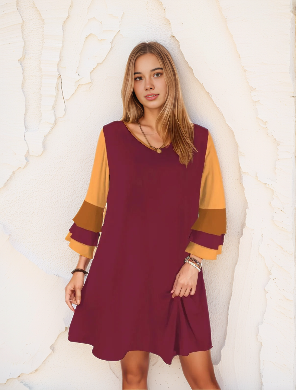 Renai Color Block Bell Sleeve Dress