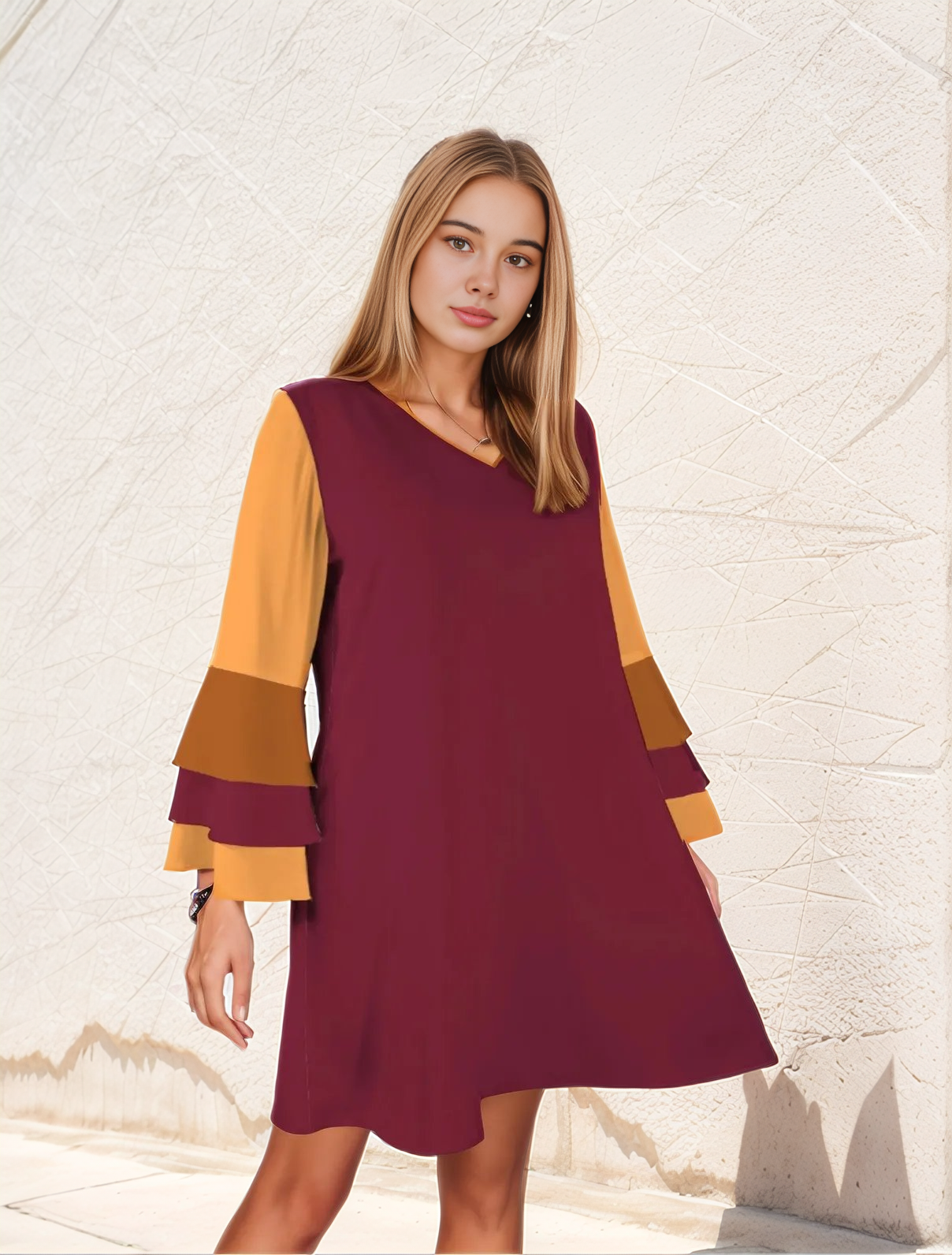 Renai Color Block Bell Sleeve Dress