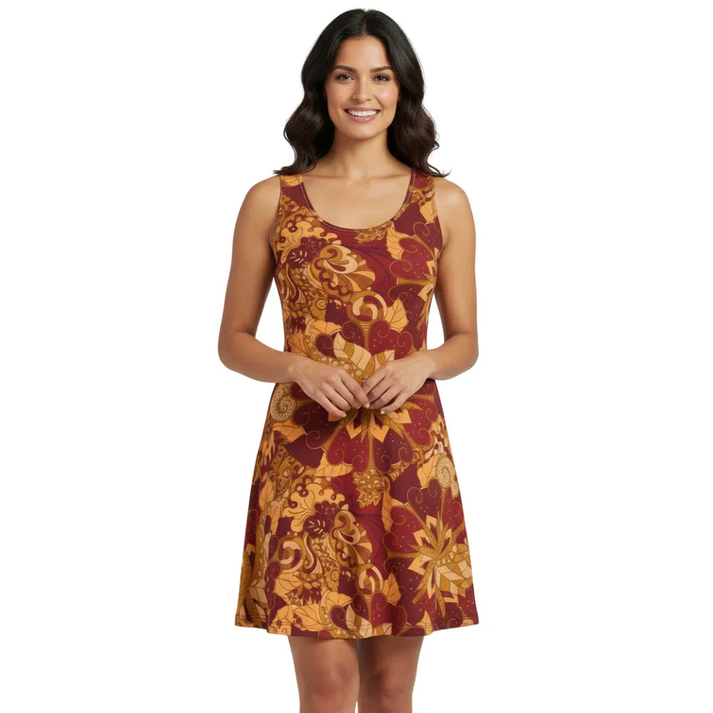 Burgundy and gold floral paisley mandala print summer dress, boho chic style, fitted bodice, flowy skirt, perfect for festivals and parties - Blissfully Brand
