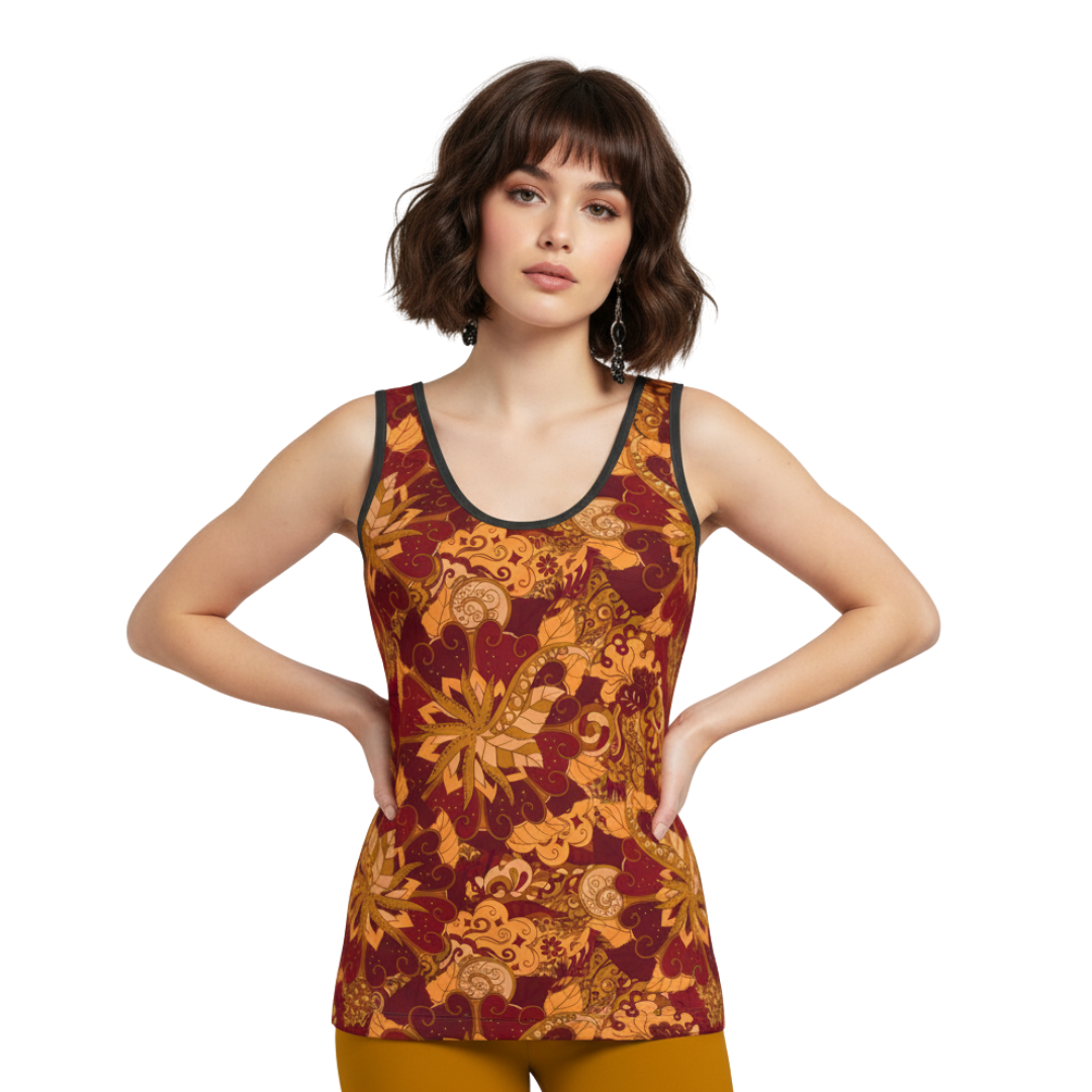  Renai Scoop Neck Tank Top with rich burgundy, orange, and gold bohemian floral print, styled confidently - Blissfully Brand