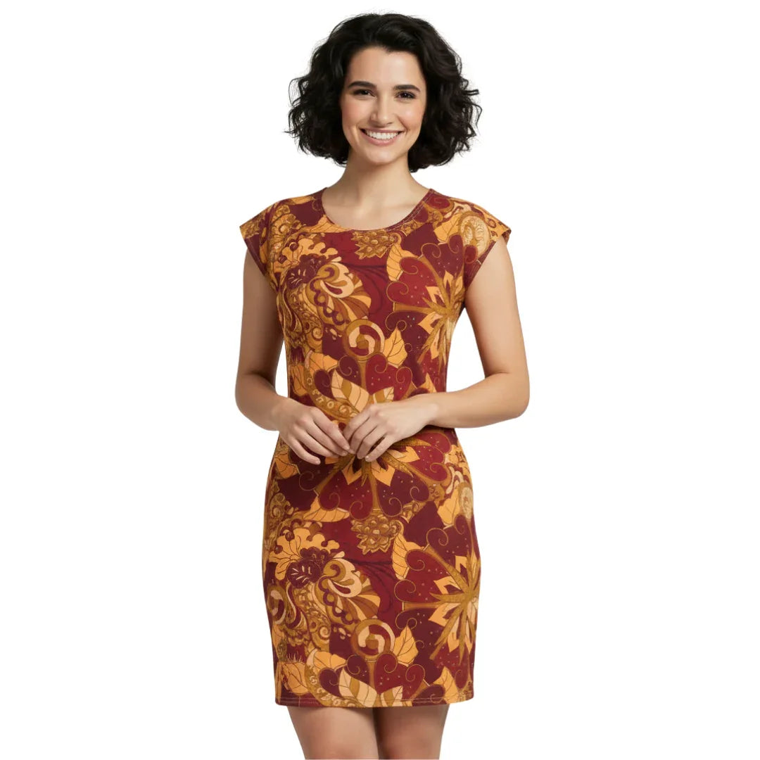 Renai Tee Tunic Tee Dress - Abstract Swirly Swirl Print Golden Brown Autumn Colors - Short Sleeve Contour Style - Retro Chic - Blissfully Brand