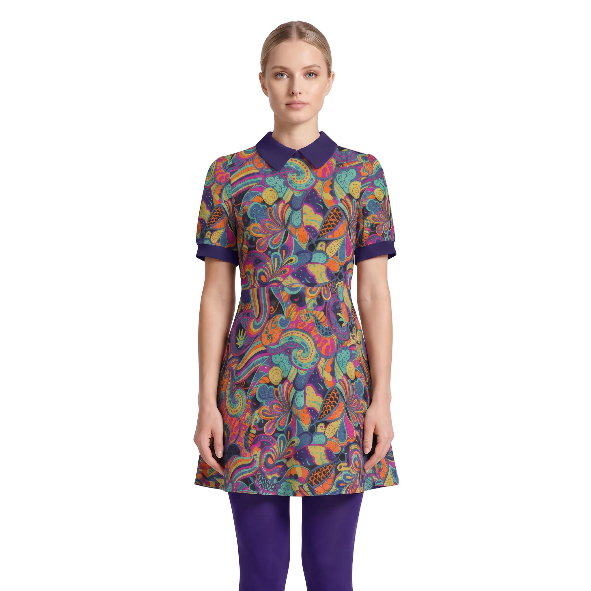 Woman wearing Rinas print Peter Pan collar mini dress with Tolopea Dark Violet accents, Retro Psycedelic Paisley Print  paired with matching tights and Mary Janes - Blissfully Brand