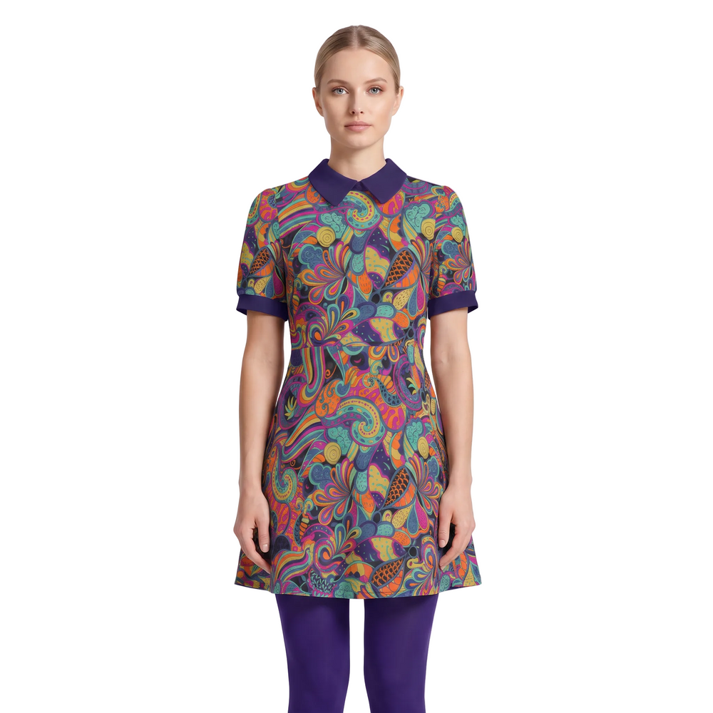 Woman wearing Rinas print Peter Pan collar mini dress with Tolopea Dark Violet accents, Retro Psycedelic Paisley Print  paired with matching tights and Mary Janes - Blissfully Brand